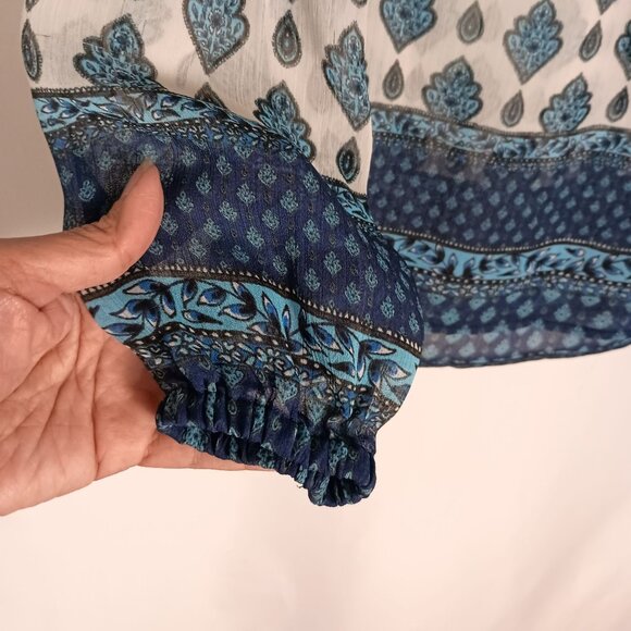 Rose + Olive Boho Tunic Blouse Blue Ivory Print Long Sleeve Top Size S - Picture 4 of 6